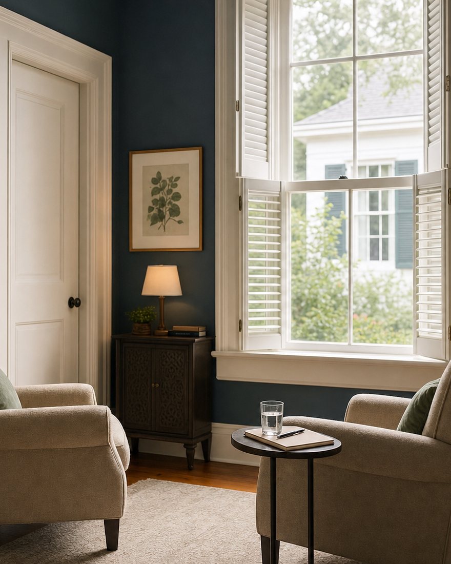 A calm, light-filled consultation room with two armchairs