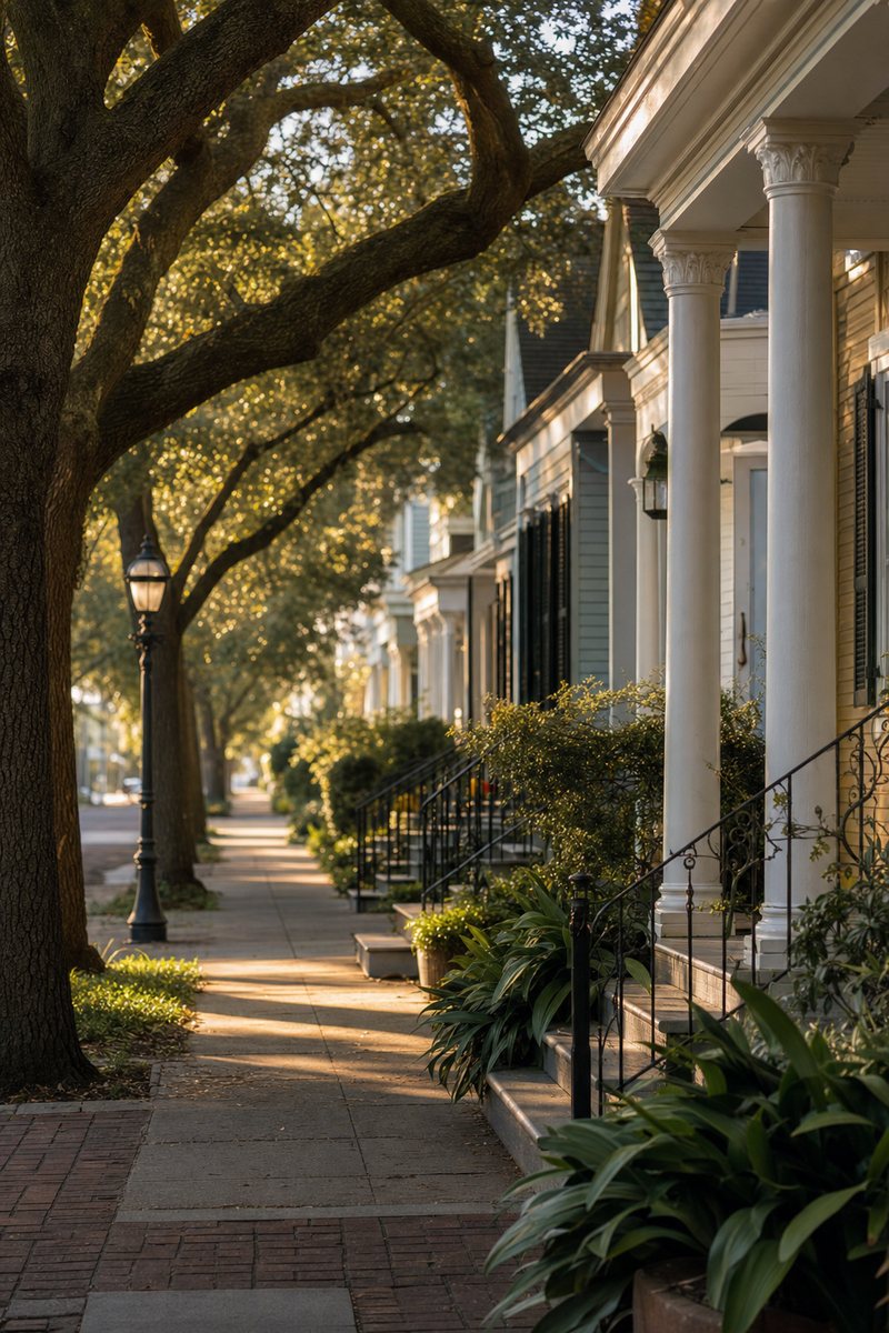 Live oaks over a quiet New Orleans street at golden hour